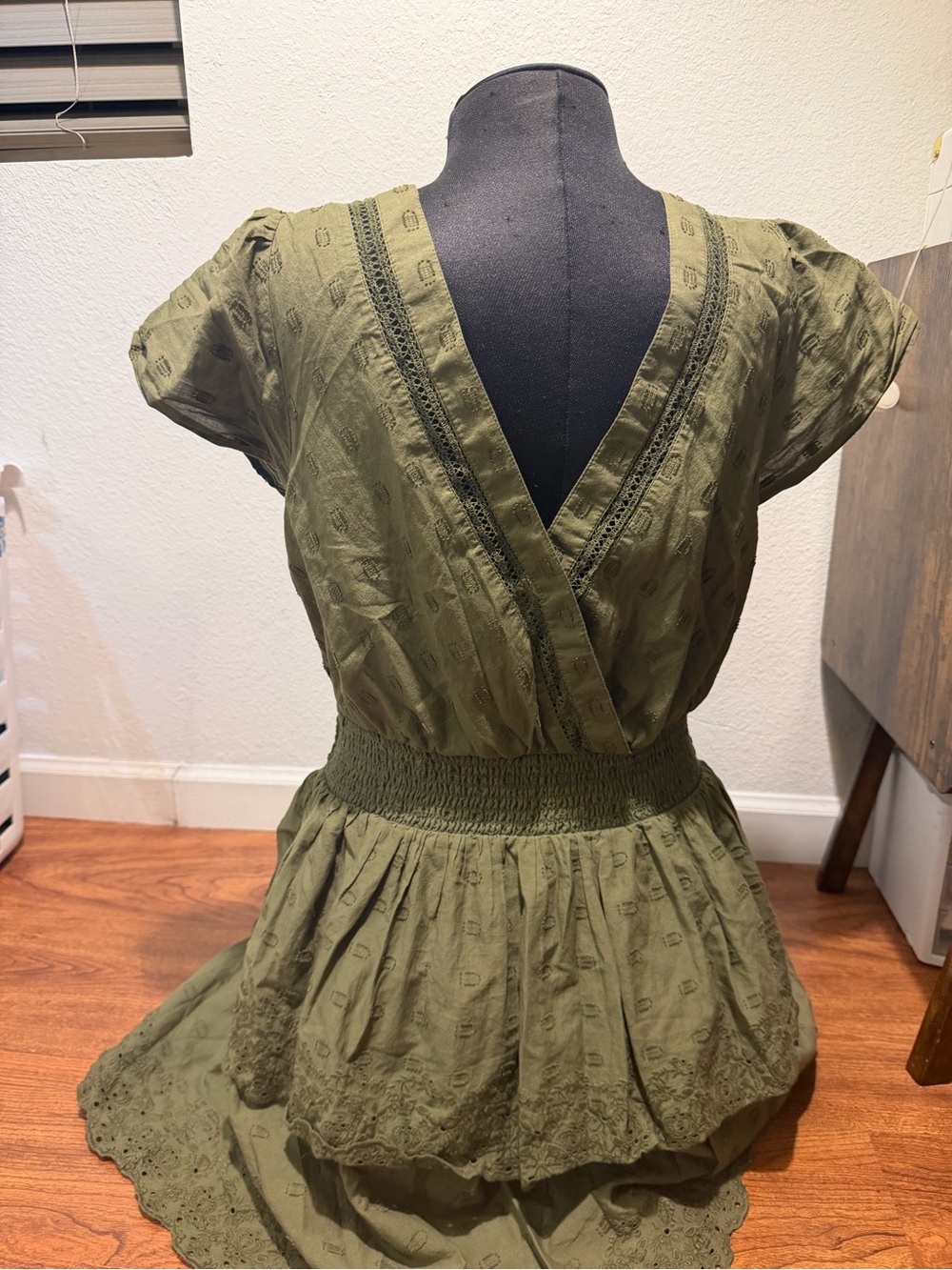 American Eagle Outfitters Olive Green Eyelet Wrap Midi Dress - Picture 3 of 7